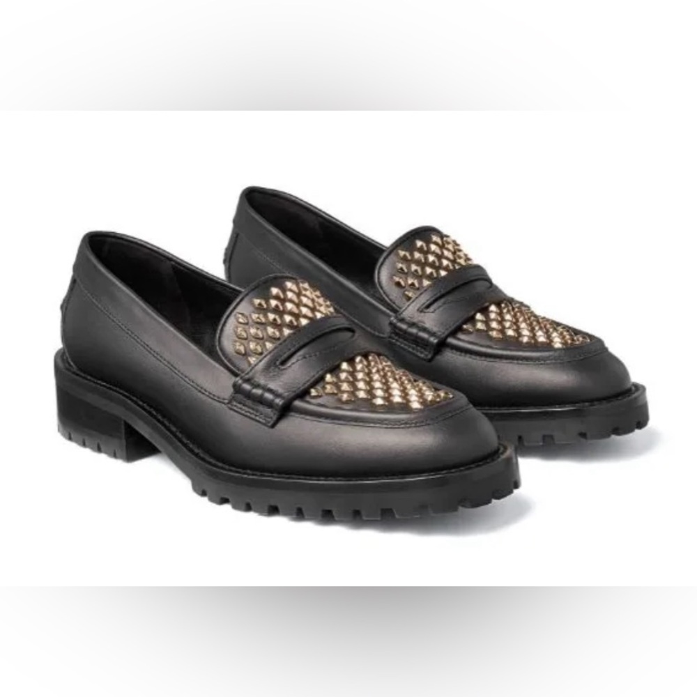 Jimmy Choo Deanna Black Gold Spiked Slip In Embellished Loafer Shoes 37.5 New - Picture 2 of 15